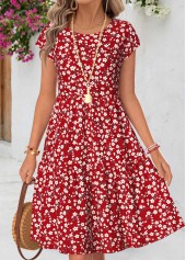 Red Ditsy Floral Print Shirred Short Sleeve Dress