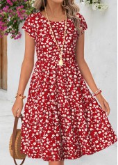 Red Ditsy Floral Print Shirred Short Sleeve Dress | thumb picture 