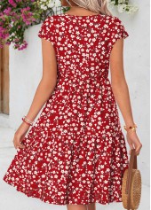 Red Ditsy Floral Print Shirred Short Sleeve Dress | thumb picture 