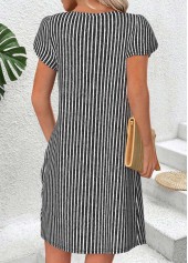 Black Striped Short Asymmetry Asymmetrical Neck Dress | thumb picture 