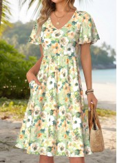 Multi Color Floral Print Double Side Pockets Dress