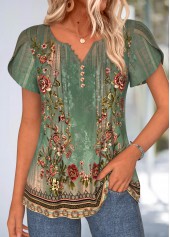 Green Tribal Print Curved Hem Short Sleeve T Shirt