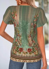 Green Tribal Print Curved Hem Short Sleeve T Shirt | thumb picture 