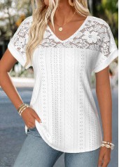 White Curved Hem Short Sleeve V Neck T Shirt