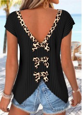 Black Leopard Patchwork Short Sleeve V Neck T Shirt