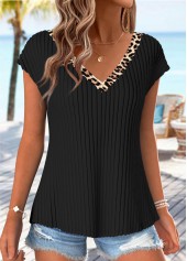 Black Leopard Patchwork Short Sleeve V Neck T Shirt | thumb picture 