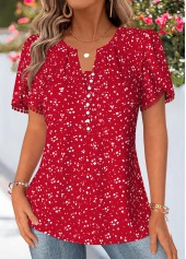 Red Polka Dot Curved Hem Short Sleeve Blouse