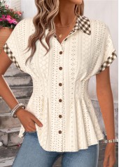 Beige Plaid Smocked Short Sleeve Shirt Collar Blouse | thumb picture 