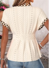 Beige Plaid Smocked Short Sleeve Shirt Collar Blouse | thumb picture 