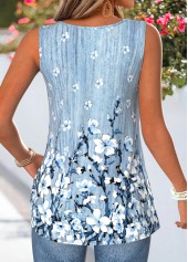 Dusty Blue Random Floral Print Shirred Sleeveless Tank Top | thumb picture 