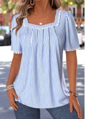 Blue Striped Pleated Short Sleeve Square Neck T Shirt