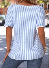 Blue Striped Pleated Short Sleeve Square Neck T Shirt | thumb picture 