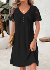 Black Short Tuck Stitch V Neck Dress