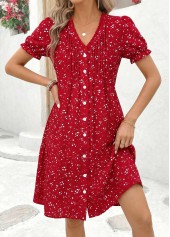Red Ditsy Floral Print Short Tuck Stitch Dress | thumb picture 