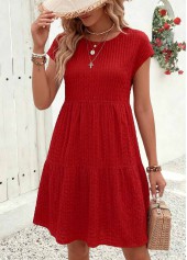 Red Shirred Short Sleeve Round Neck Dress