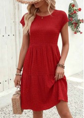 Red Shirred Short Sleeve Round Neck Dress | thumb picture 