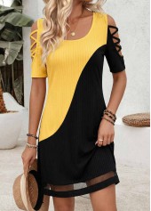 Multi Color Short Patchwork Scoop Neck Cold Shoulder Dress | thumb picture 