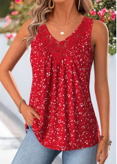 Red Polka Dot Patchwork Sleeveless V Neck Tank Top