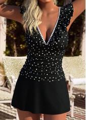 Black Mid Waisted Ruched Polka Dot Tankini Set