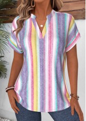 Multi Color Striped Curved Hem Short Sleeve Blouse