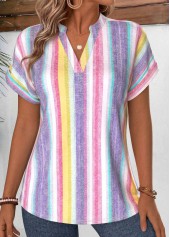 Multi Color Striped Curved Hem Short Sleeve Blouse | thumb picture 