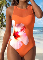 Orange Patchwork Floral Print One Piece Swimwear