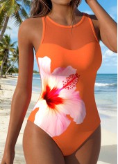 Orange Patchwork Floral Print One Piece Swimwear | thumb picture 