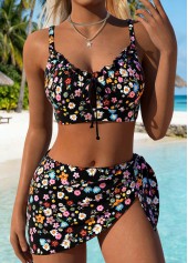 Black Low Waisted Three-piece Floral Print Bikini Set