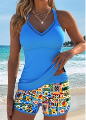 Blue Mid Waisted Tummy Coverage Tribal Print Tankini Set