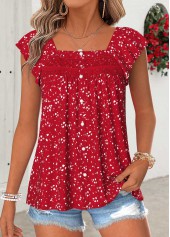 Red Geometric Print Curved Hem Short Sleeve Blouse