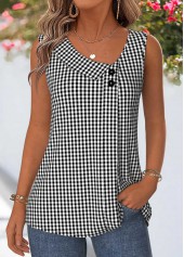 Black Plaid Patchwork Sleeveless Asymmetrical Neck Tank Top