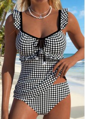 Black Mid Waisted Cut Out Gingham Print Tankini Set