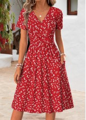 Red Ditsy Floral Print Double Side Pockets Dress