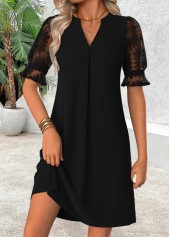 Black Short Shirred Split Neck Dress