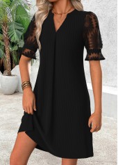 Black Short Shirred Split Neck Dress | thumb picture 