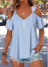 Blue Striped Cut Out Short Sleeve T Shirt