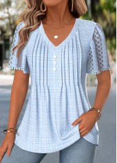 Light Blue Plaid Curved Hem Short Sleeve T Shirt