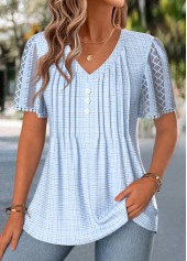 Light Blue Plaid Curved Hem Short Sleeve T Shirt | thumb picture 