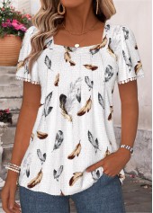 White Feathers Print Pleated Short Sleeve T Shirt
