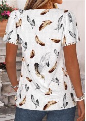 White Feathers Print Pleated Short Sleeve T Shirt | thumb picture 