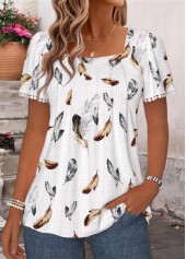 White Feathers Print Pleated Short Sleeve T Shirt | thumb picture 