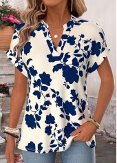 Navy Floral Print Short Sleeve Split Neck Blouse