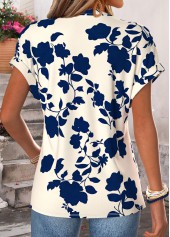 Navy Floral Print Short Sleeve Split Neck Blouse | thumb picture 