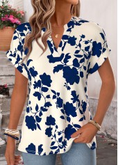 Navy Floral Print Short Sleeve Split Neck Blouse | thumb picture 