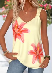 Light Yellow Floral Print Tie Sleeveless Tank Top