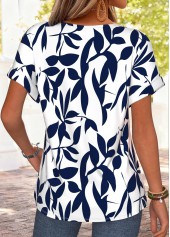 Navy Leaf Print Curved Hem Short Sleeve T Shirt | thumb picture 