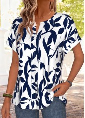 Navy Leaf Print Curved Hem Short Sleeve T Shirt | thumb picture 