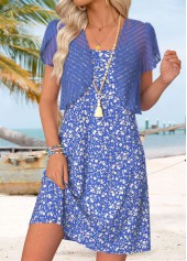 Purplish Blue Ditsy Floral Print Short Dress and Cardigan