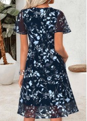 Navy Floral Print Short Double Side Pockets Dress | thumb picture 