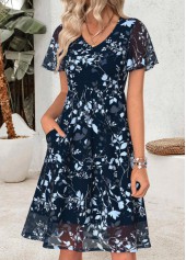 Navy Floral Print Short Double Side Pockets Dress | thumb picture 